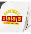 Kişiye Özel Sarı Kırmızı İsim Tarih Baskılı Kapşonlu Beyaz Unisex Sweatshirt HK2370