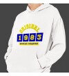 Kişiye Özel Sarı Lacivert İsim Tarih Baskılı Kapşonlu Beyaz Unisex Sweatshirt HK2371