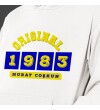 Kişiye Özel Sarı Lacivert İsim Tarih Baskılı Kapşonlu Beyaz Unisex Sweatshirt HK2371