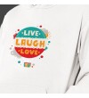 Sevgililer Gününe Özel Live Laughe Love Temalı Kapşonlu Beyaz Unisex Sweatshirt HK2524